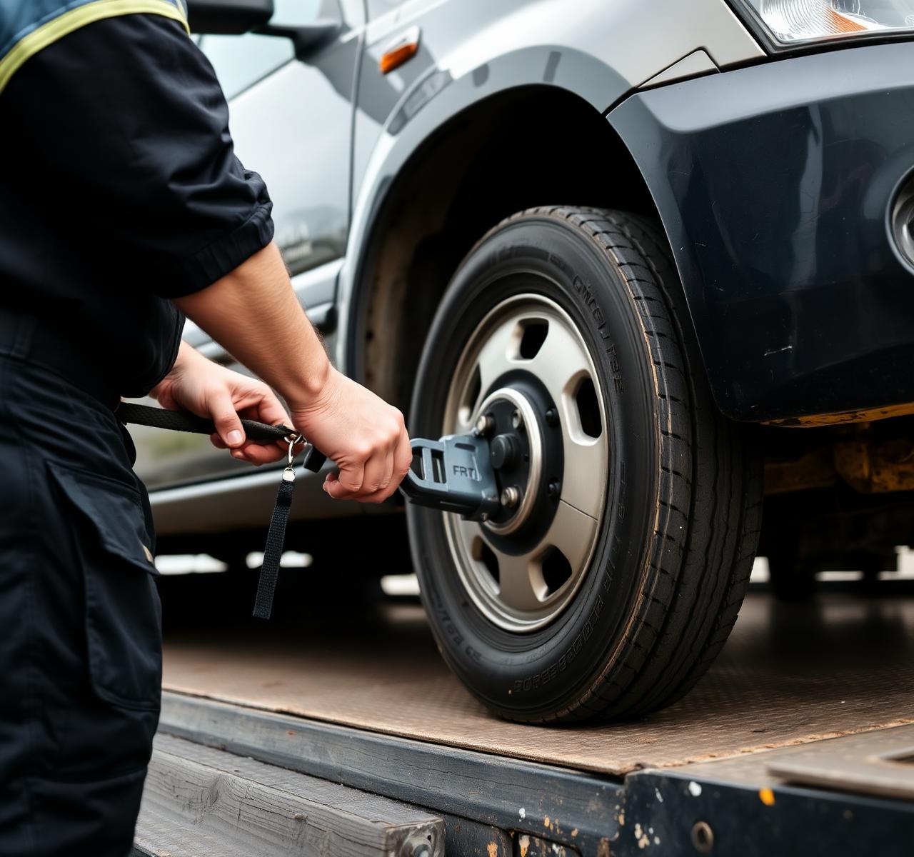 Operator tightening a ratchet strap over a wheel on a loaded flatbed deck