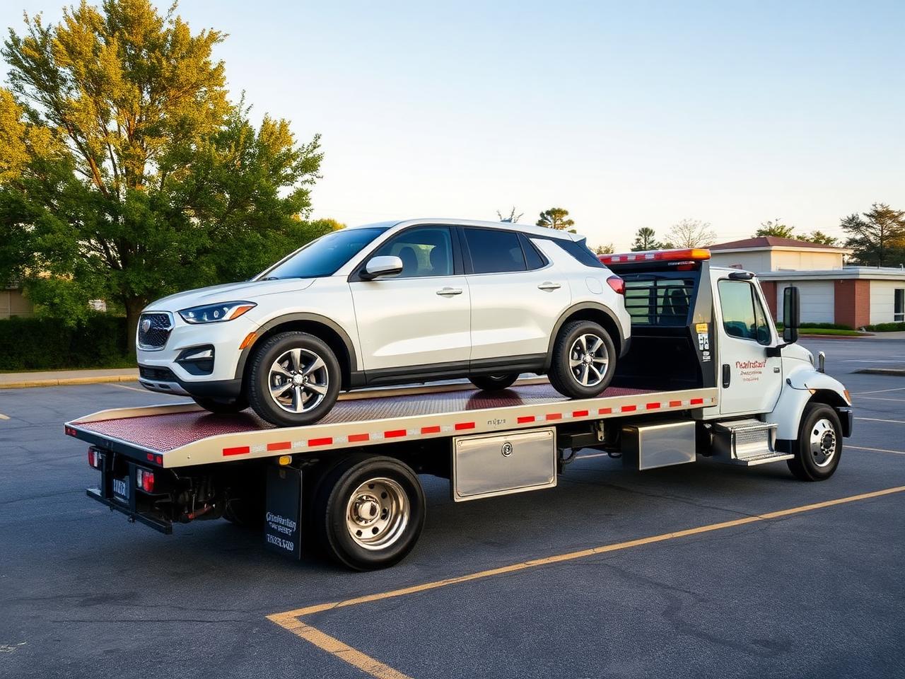 Flatbed tow truck with an SUV secured on the deck in a paved lot