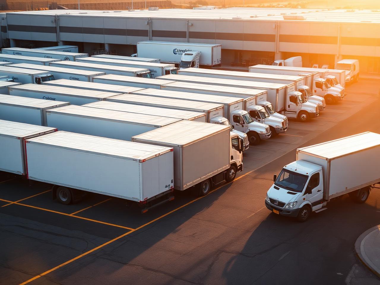 Row of commercial box trucks and cargo vans parked at a fleet yard at sunrise
