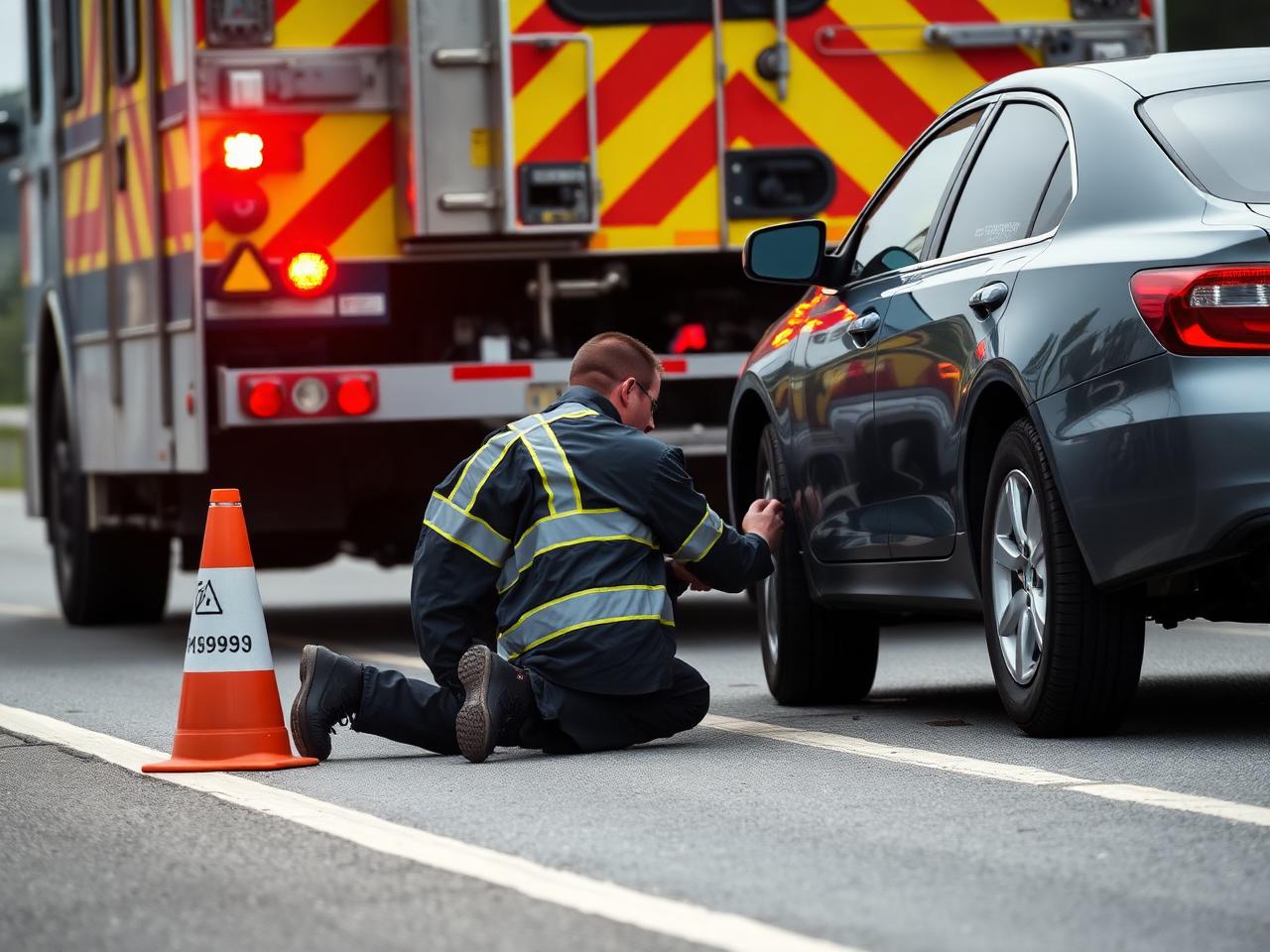 Roadside technician changing a flat tire on the shoulder with safety cones in place