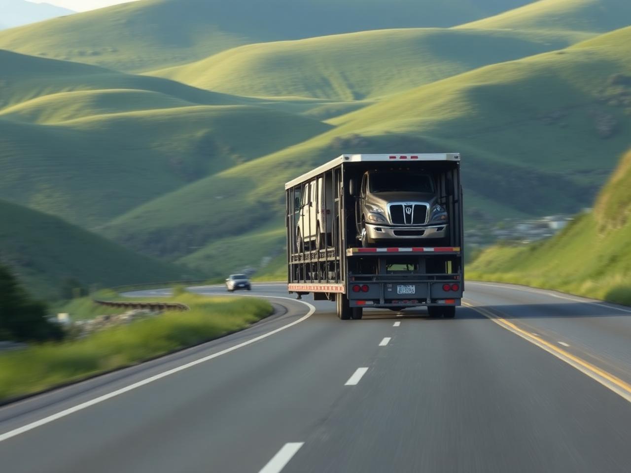 Vehicle carrier loaded with cars traveling a highway through rolling hills
